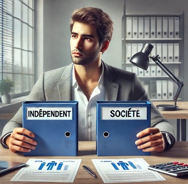 Un entrepreneur assis avec deux dossiers devant lui : indépendant ou société
