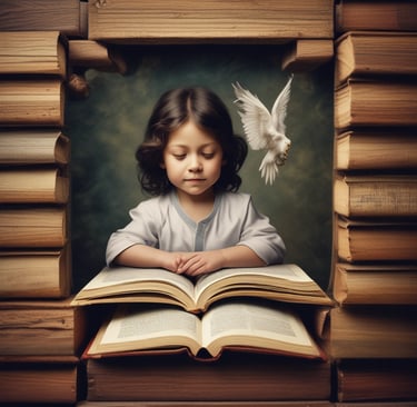 a little girl is reading a book and a bird is flying