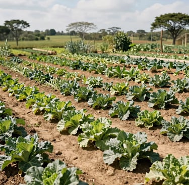 Photography of a sprawling, meticulously maintained organic vegetable garden in the Brazilian Agreste, featuring varied shades of olive green and earthy beige soil under a bright, natural sun.