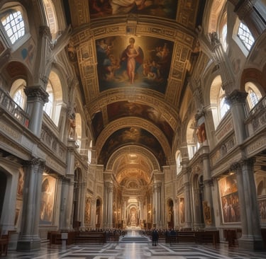 A peaceful church interior with a canvas of Jesus and scripture resting on an easel nearby.