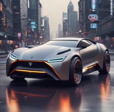 A sleek electric car driving through a neon-lit cityscape at night