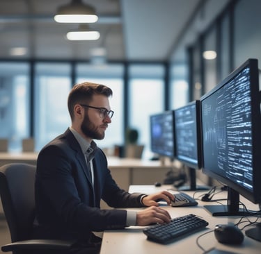 Engineers from influxus collaborating over embedded software code on multiple screens.