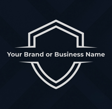 Minimalist shield outline with the text “Your Brand or Business Name” centered across it, symbolizin