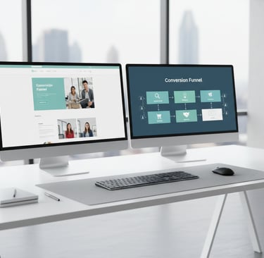 Workspace with two screens—one showing a website layout, the other a funnel diagram with arrows and 