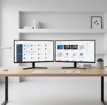 Screens display social media platforms and a content library with articles, graphics, and videos.