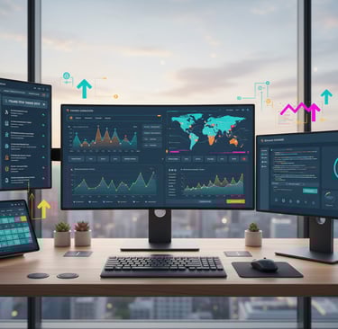 Sophisticated digital marketing workspace with multiple screens showing analytics dashboards, search