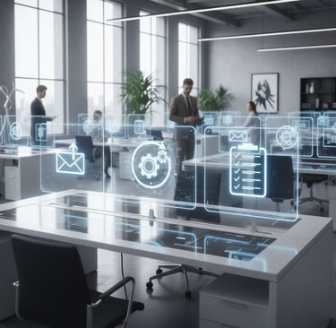 Digital office with screens showing an envelope, gear icon, and checklist; clean, bright, and organi