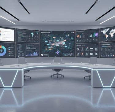Advanced digital marketing command center with multiple large screens displaying analytics dashboard