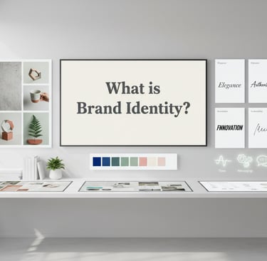 Clean, modern branding studio scene with a digital workspace displaying mood boards, color palettes,