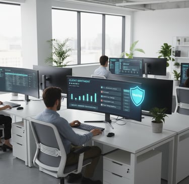 Screens with client reviews, feedback notifications, and a shield icon.