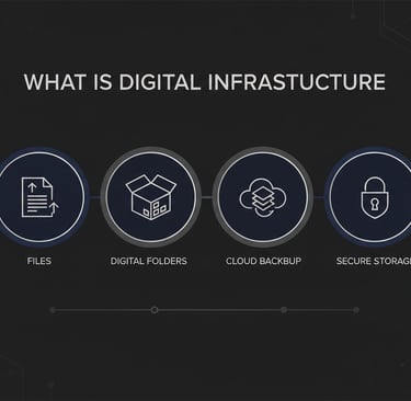 Digital dashboard with geometric icons for files, digital folders, cloud backup, and secure storage 
