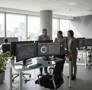 Modern office with people working and screens showing website traffic graphs, lead source charts, an