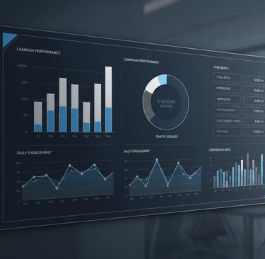 Minimal digital marketing dashboard with clean charts and graphs in navy, charcoal, silver, and acce