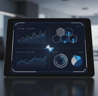 Minimal digital marketing dashboard with advanced analytics charts and graphs in navy, charcoal, sil