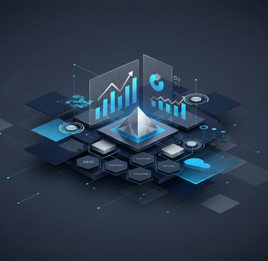 Minimal marketing concept image with clean charts, graphs, and digital strategy elements in navy, ch