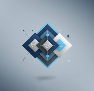 Minimal geometric image in navy, charcoal, silver, and blue with icons for communication, trust, and