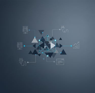 Minimal geometric image in navy, charcoal, silver, and blue showing interconnected lines and shapes