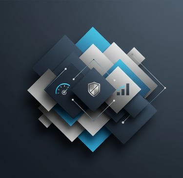 Minimal geometric image in navy, charcoal, silver, and blue with icons for site speed, security, and