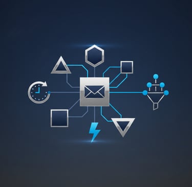 Minimal geometric image in navy, charcoal, silver, and blue with icons for email, segmentation, trig