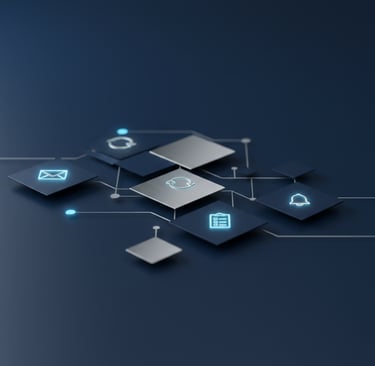 Minimal geometric image in navy, charcoal, silver, and blue with icons for email, automation, remind