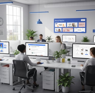 Office with screens showing search ads, display banners, social media ad previews, and retargeting f