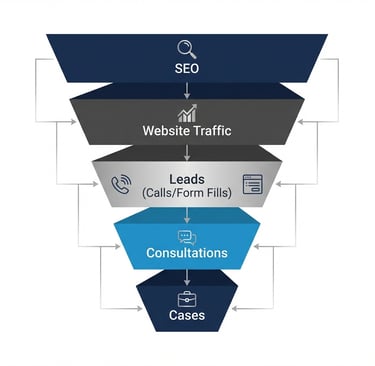 Vertical funnel diagram with stages: SEO, Website Traffic, Leads, Consultations, Cases.