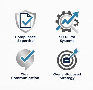 Four icons: compliance expertise, SEO-first systems, clear communication, owner-focused strategy.