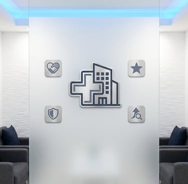 Medical cross and office building with icons for trust, reviews, compliance, and growth. Let me know