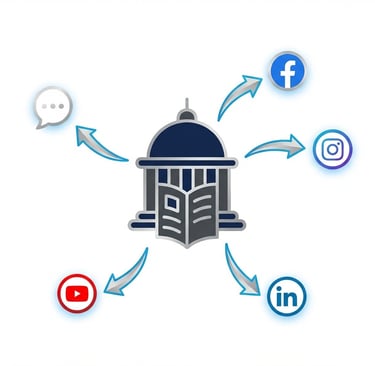 Courthouse icon with arrows to Facebook, Instagram, LinkedIn, YouTube, and testimonials.