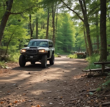 Off-road SUV driving on a dirt trail through a lush green forest with sunlight filtering through trees.