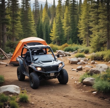 Off-road UTV side-by-side parked next to an orange camping tent in a dense evergreen forest.
