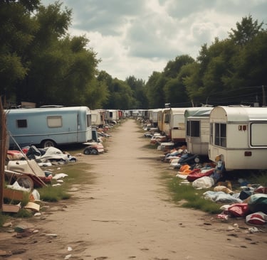 Abandoned vintage campers and travel trailers lined up along a dirt path with scattered trash.