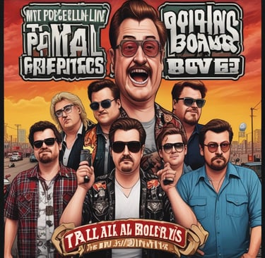 Illustrated poster of a group of men with sunglasses and mustaches in a retro 1980s style art piece.