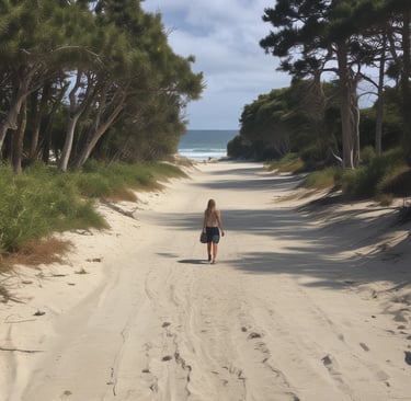 A woman walks along a sandy path lined with pine trees leading toward a sunny beach and ocean.