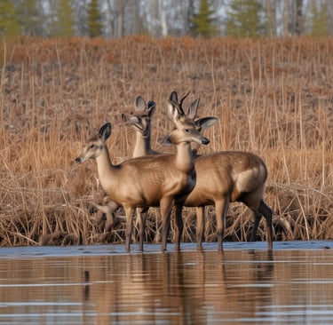 Three deer standing in a calm river with dry autumn grass and a forest in the background.