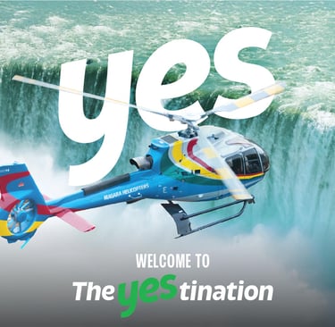 A colorful sightseeing helicopter flying over the rushing water of Niagara Falls.