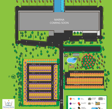 Site map of Maitland Shores luxury campground showing RV sites, future marina, pool, and park amenities.