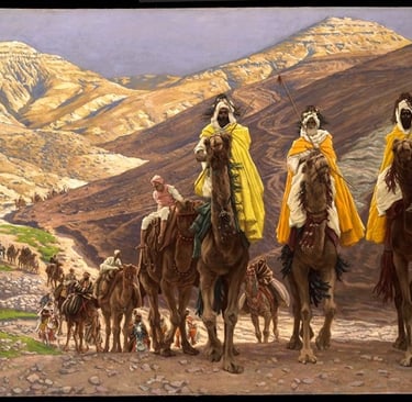 art showing 3 wise men journeying to Bethlehem