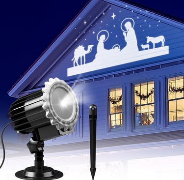 Outdoor Nativity projector displaying on house