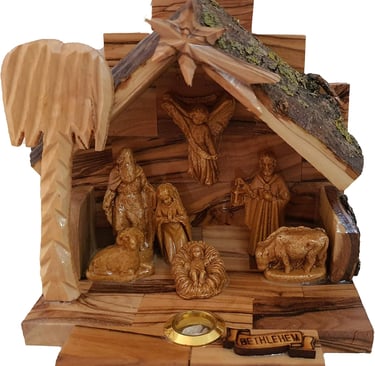 Carved from Bethlehem Olive Wood Christmas Nativity Story Set with Stable (Alabaster Set)
