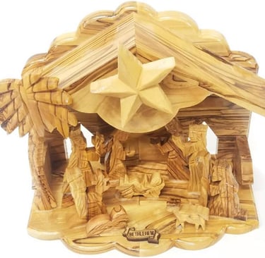 Handcarved Bethlehem Olive Wood Miniature Nativity Scene Set with Stable 12 Pieces 