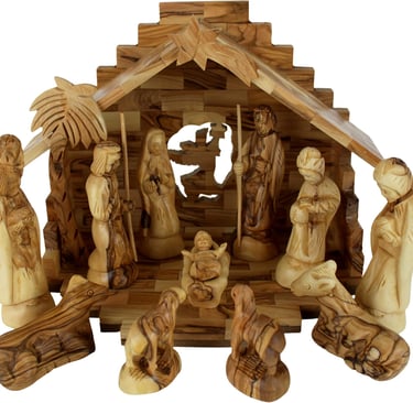 Holy Land Market Christmas Decorations Indoor - Inspirational Deluxe Olive Wood Nativity Set, Hand C