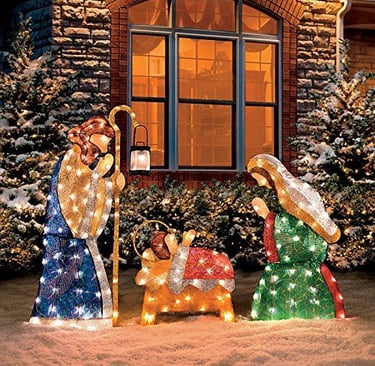 Outdoor Nativity scene with lights