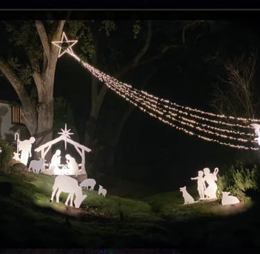 spotlights and string lighting for outdoor Nativity