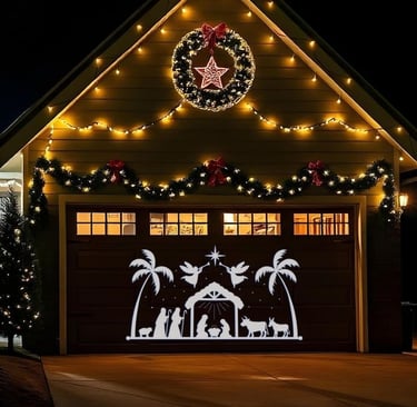 Outdoor Nativity scene projected onto garage