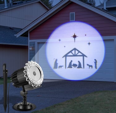 Outdoor nativity projector on garage