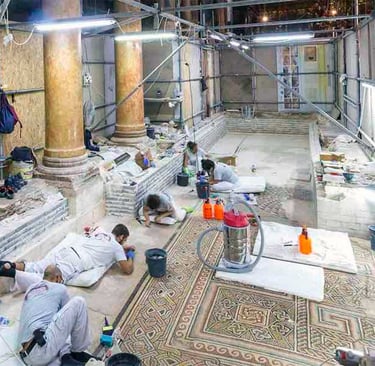 Restoration work inside the Church of the Nativity