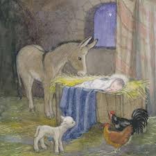 Rooster and other animals in Nativity scene