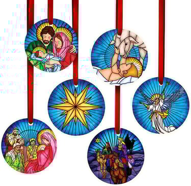 Set of six stained glass Nativity themed ornaments