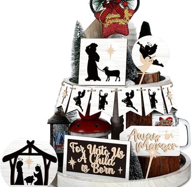 Nativity displayed on tiered tray